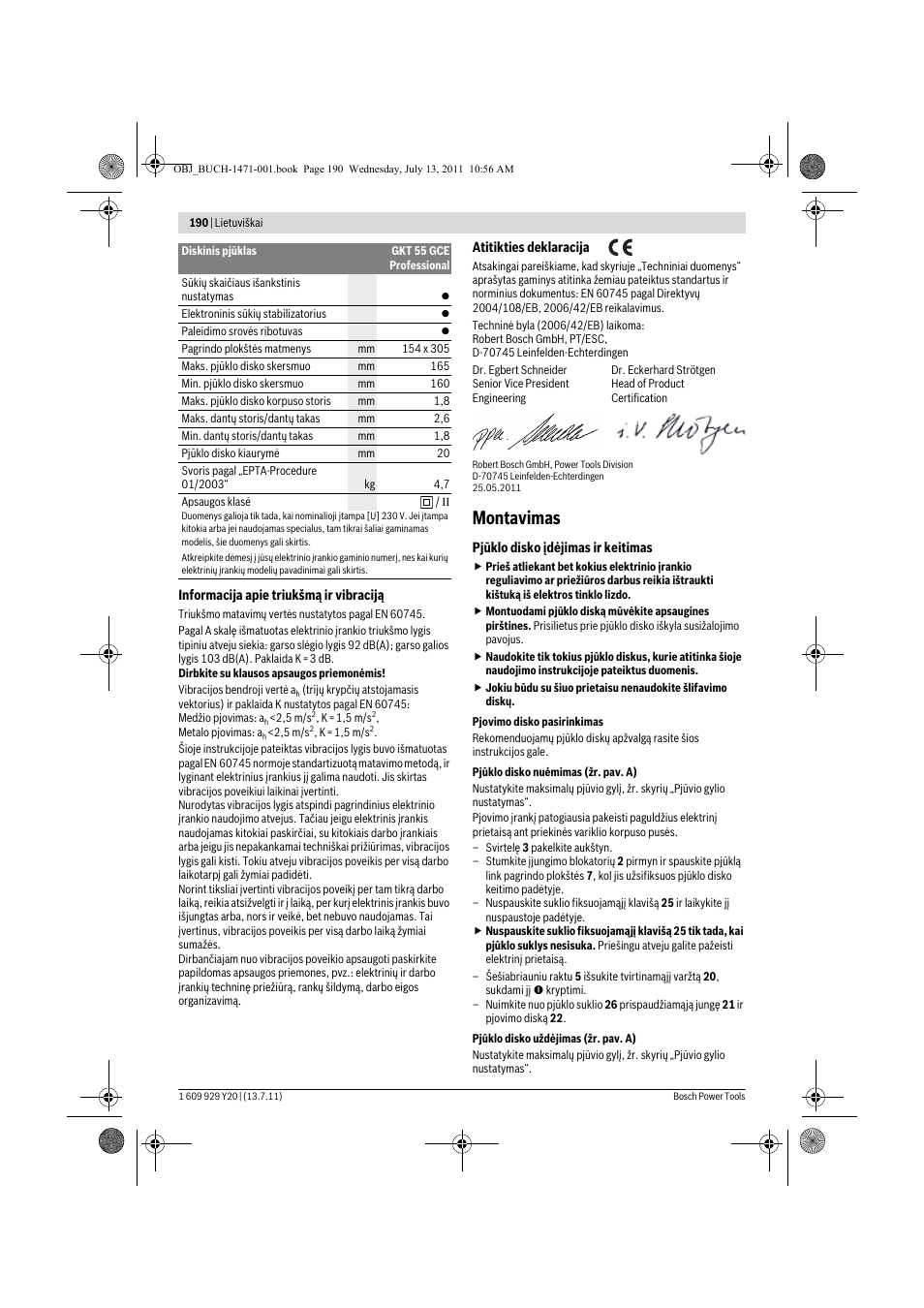 Montavimas | Bosch GKT 55 GCE Professional User Manual | Page 190 / 208