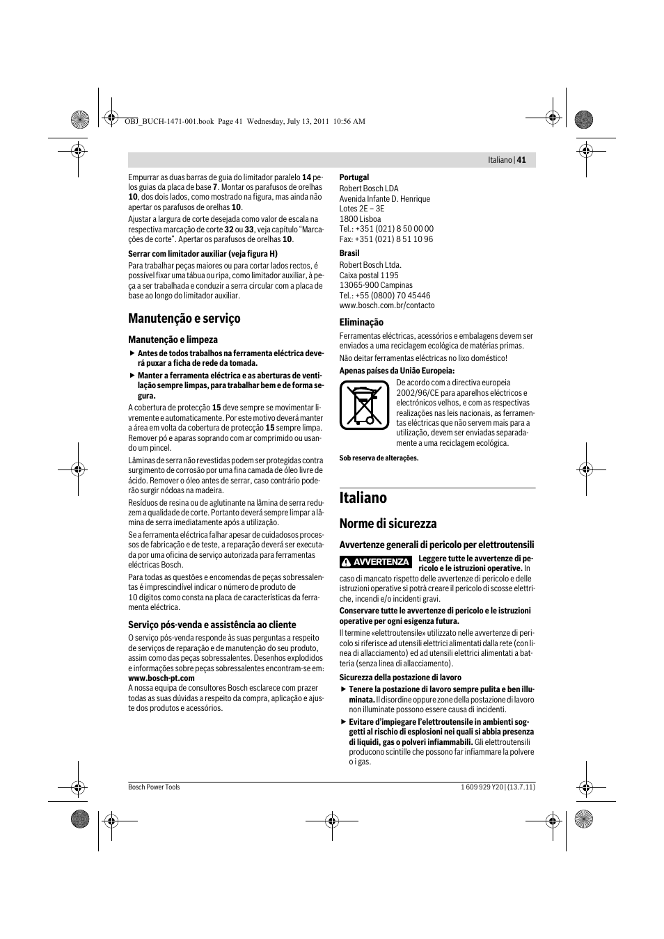 Italiano, Manutenção e serviço, Norme di sicurezza | Bosch GKT 55 GCE Professional User Manual | Page 41 / 208