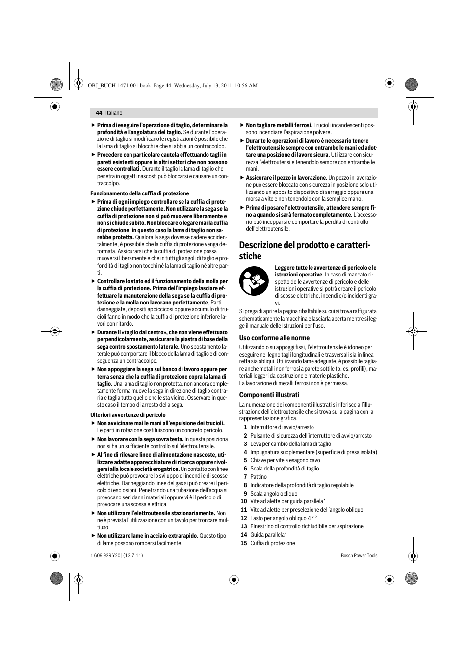 Descrizione del prodotto e caratteri- stiche | Bosch GKT 55 GCE Professional User Manual | Page 44 / 208