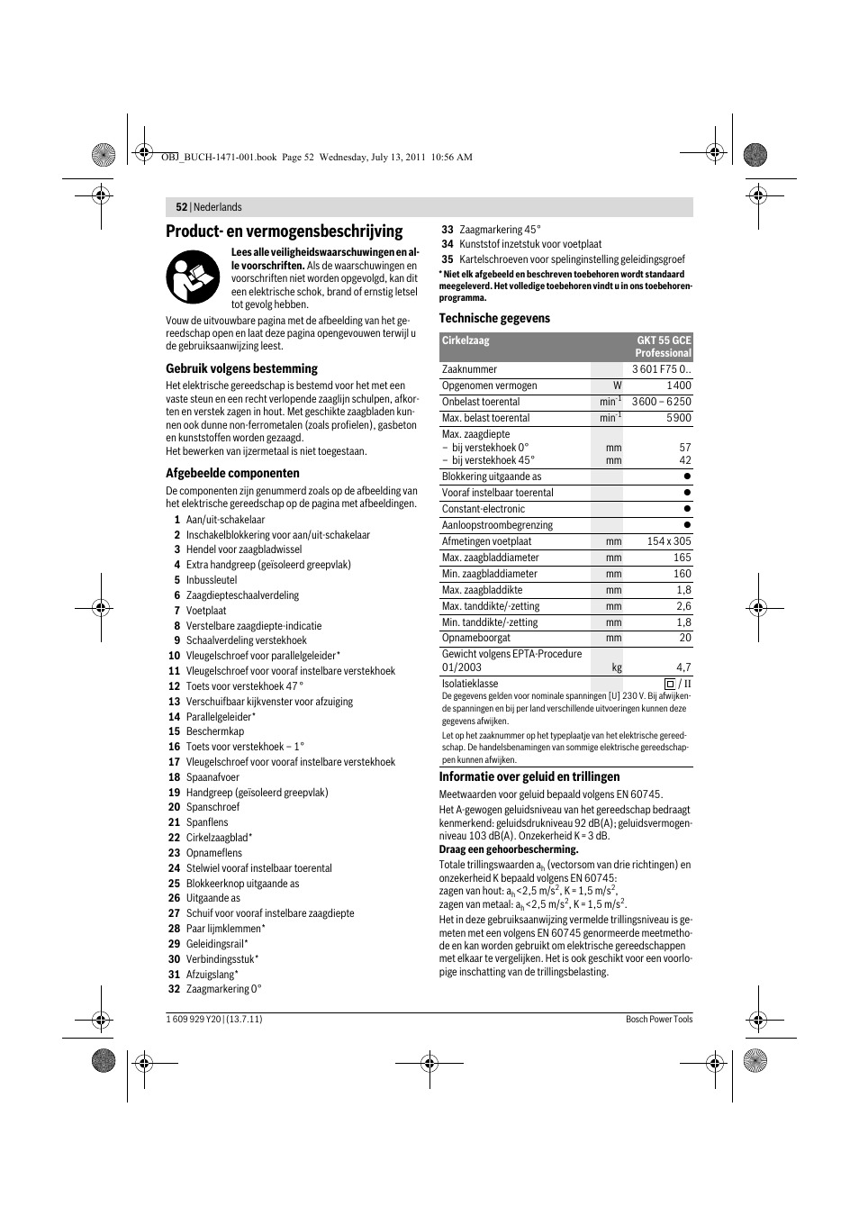 Product- en vermogensbeschrijving | Bosch GKT 55 GCE Professional User Manual | Page 52 / 208