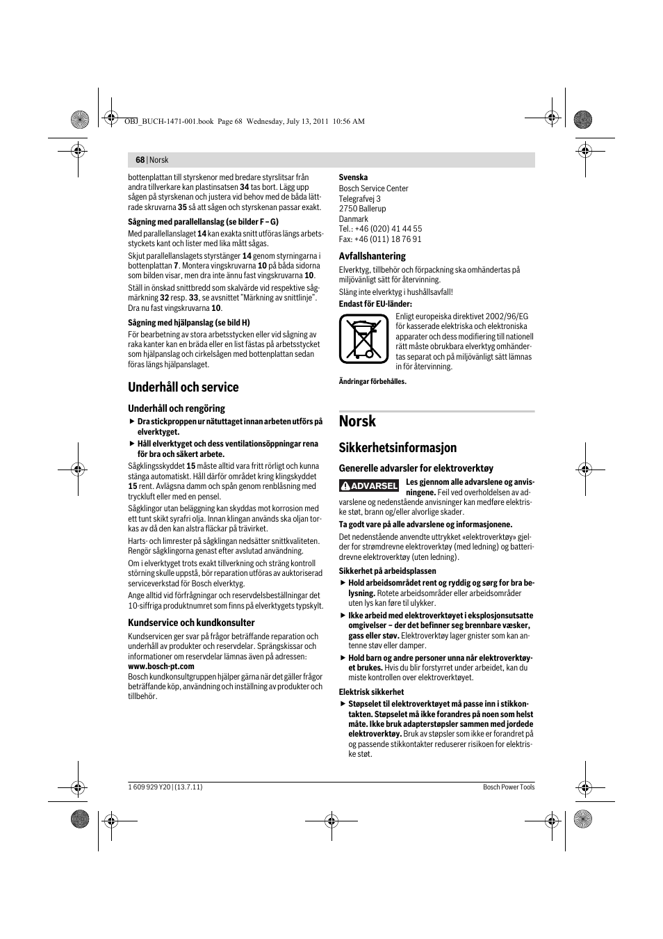 Norsk, Underhåll och service, Sikkerhetsinformasjon | Bosch GKT 55 GCE Professional User Manual | Page 68 / 208