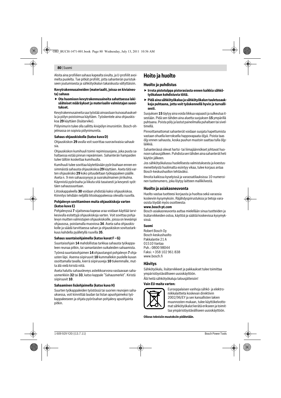 Hoito ja huolto | Bosch GKT 55 GCE Professional User Manual | Page 80 / 208