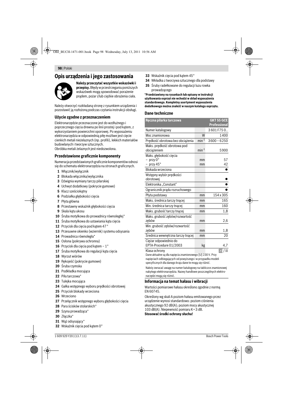 Opis urządzenia i jego zastosowania | Bosch GKT 55 GCE Professional User Manual | Page 98 / 208