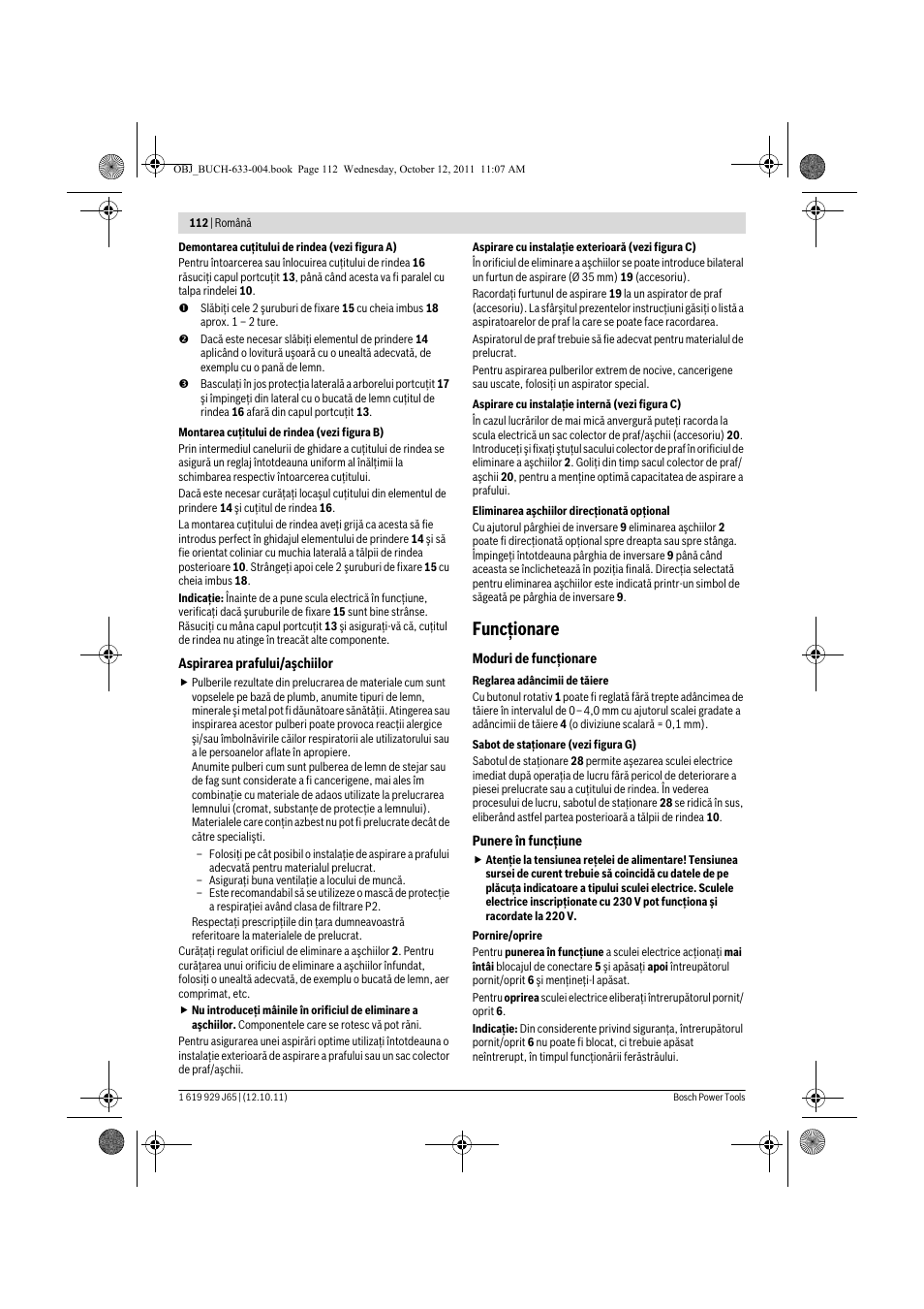 Funcţionare | Bosch GHO 40-82 C Professional User Manual | Page 112 / 163