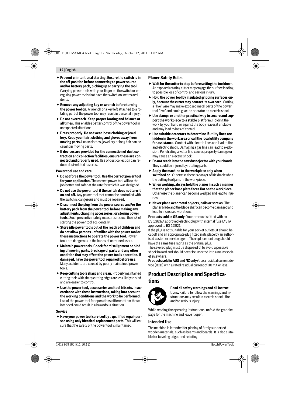 Product description and specifica- tions | Bosch GHO 40-82 C Professional User Manual | Page 12 / 163