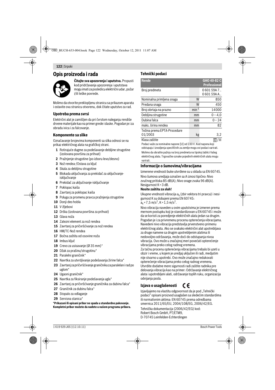 Opis proizvoda i rada | Bosch GHO 40-82 C Professional User Manual | Page 122 / 163