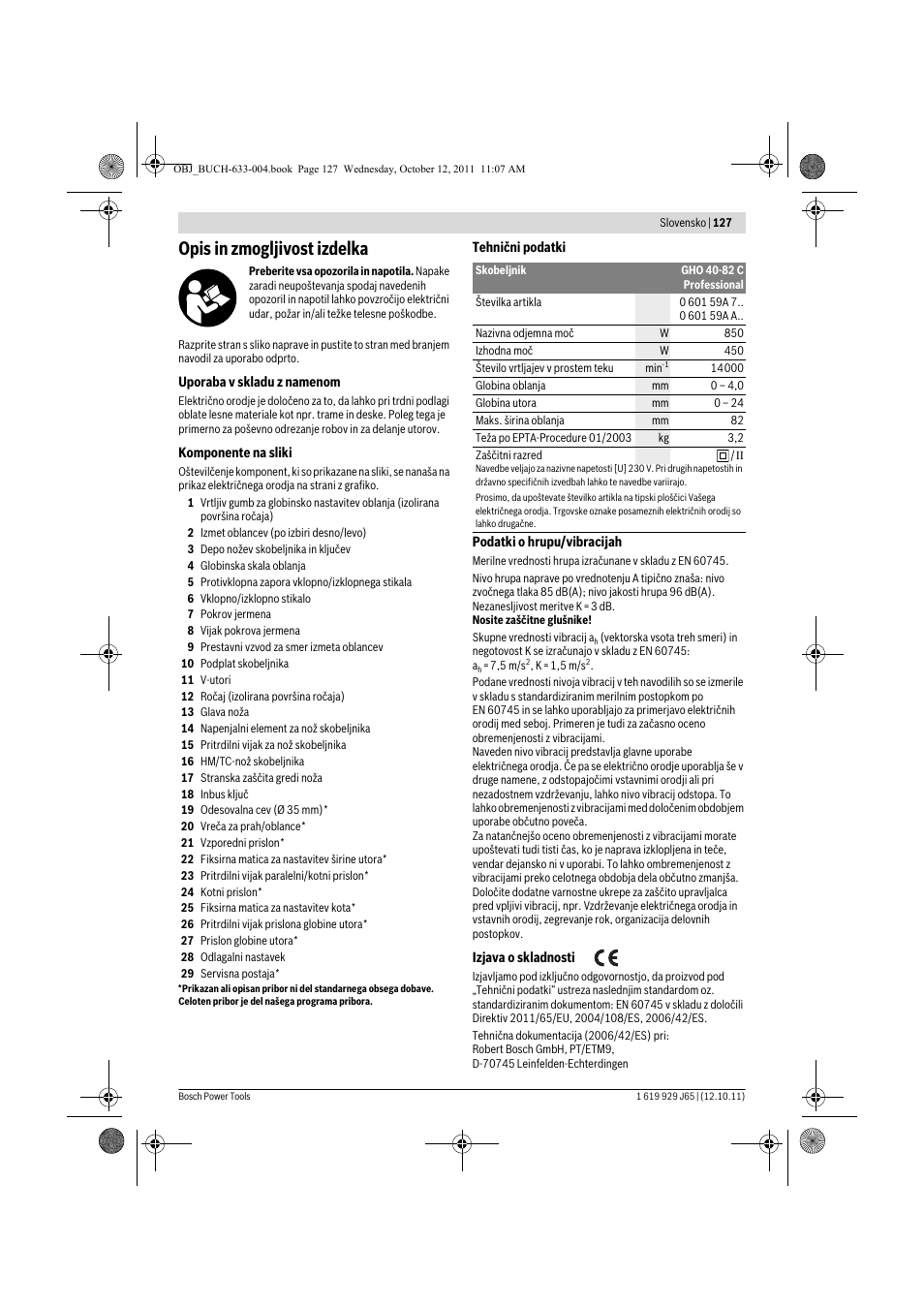 Opis in zmogljivost izdelka | Bosch GHO 40-82 C Professional User Manual | Page 127 / 163
