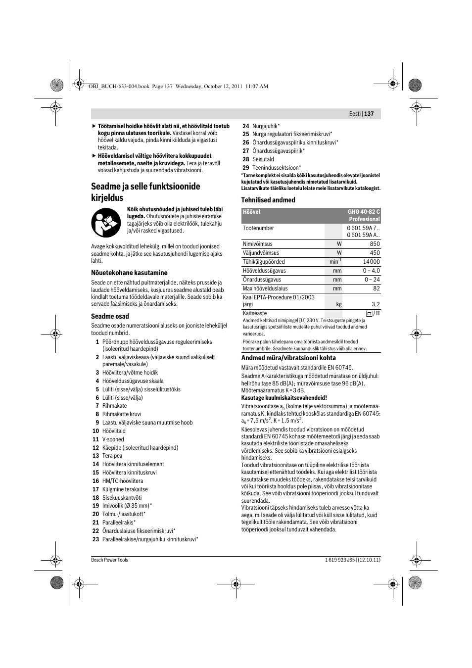 Seadme ja selle funktsioonide kirjeldus | Bosch GHO 40-82 C Professional User Manual | Page 137 / 163