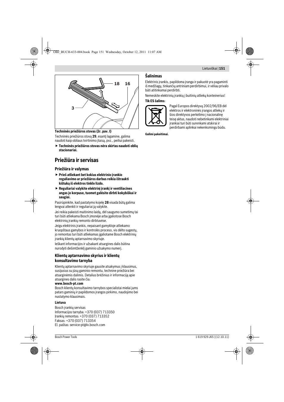 Priežiūra ir servisas | Bosch GHO 40-82 C Professional User Manual | Page 151 / 163