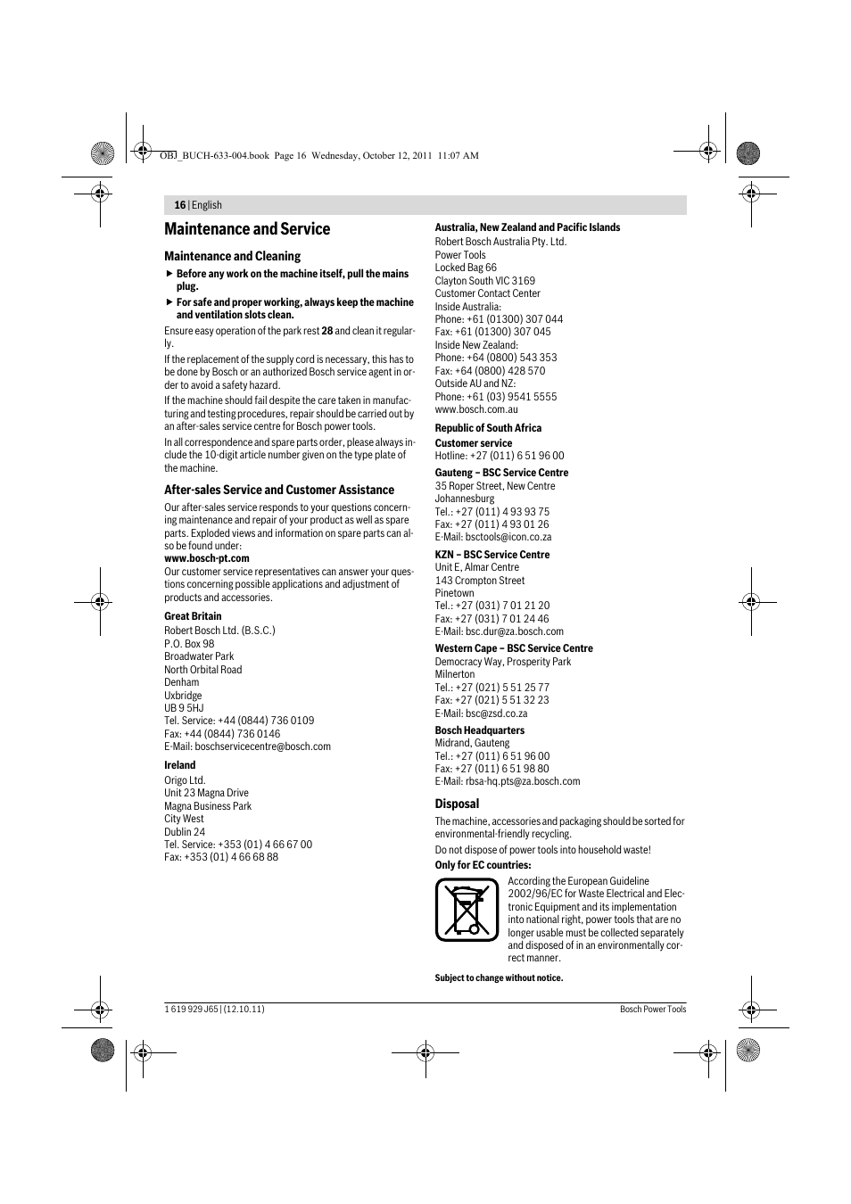 Maintenance and service | Bosch GHO 40-82 C Professional User Manual | Page 16 / 163