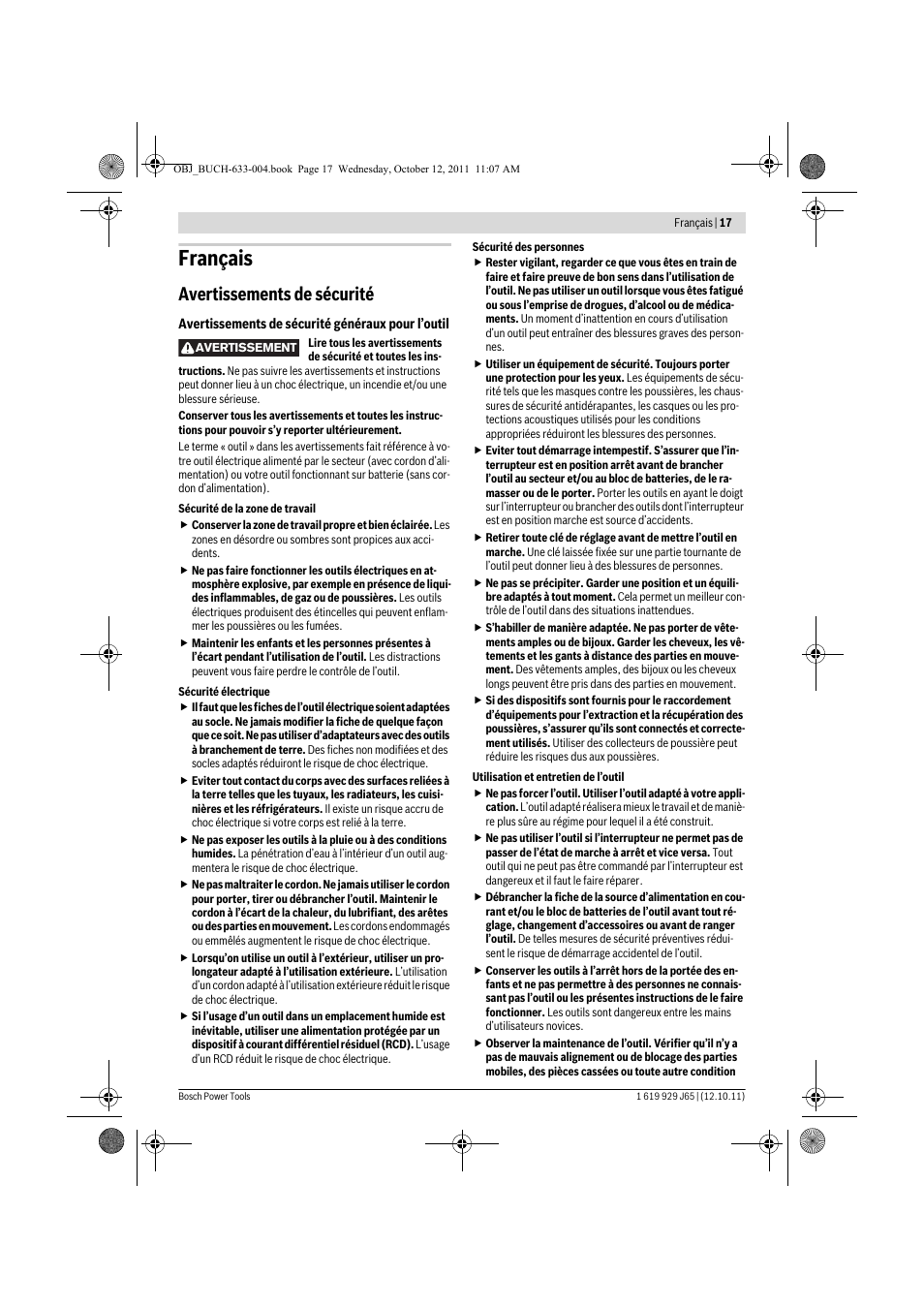 Français, Avertissements de sécurité | Bosch GHO 40-82 C Professional User Manual | Page 17 / 163