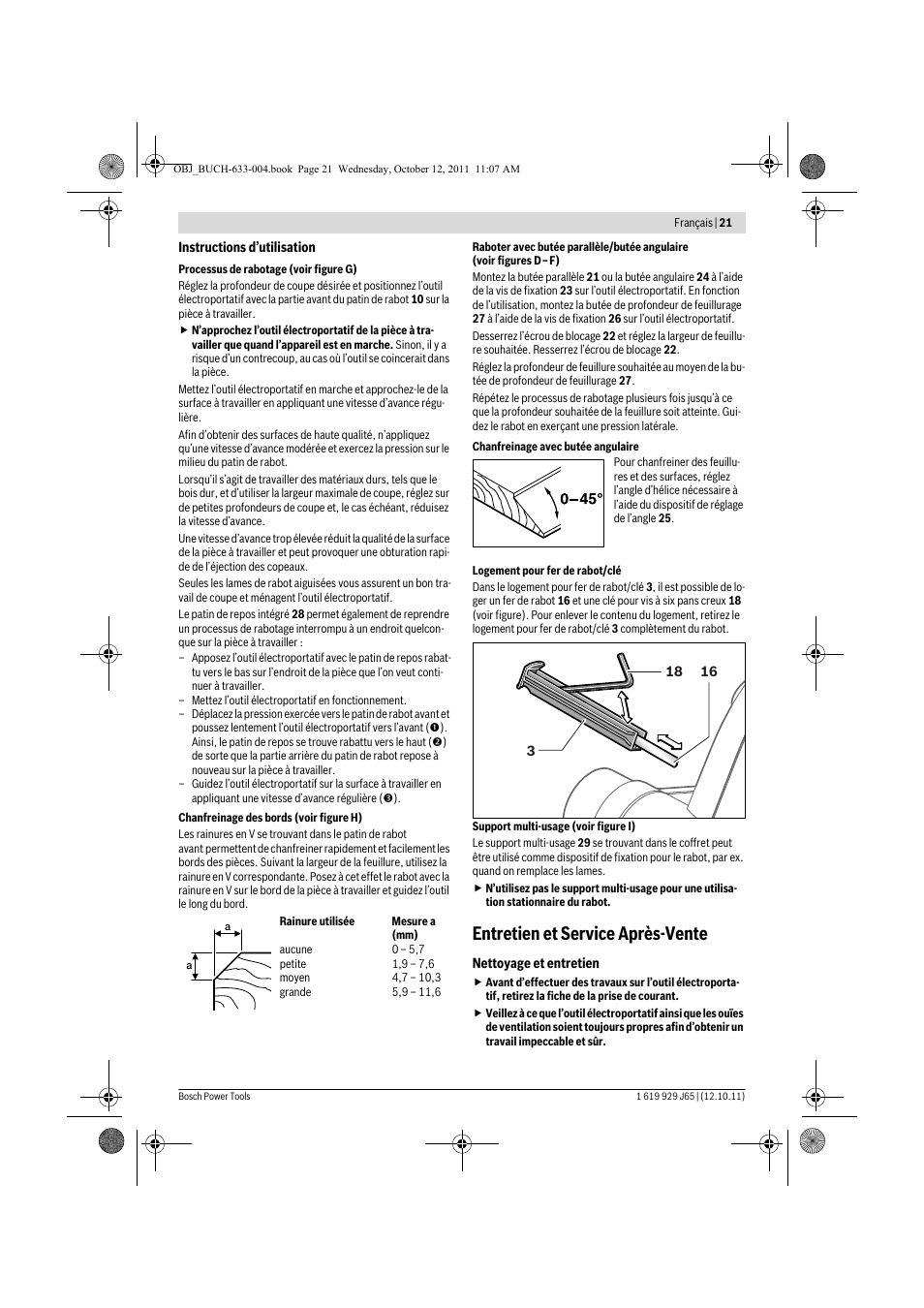 Entretien et service après-vente | Bosch GHO 40-82 C Professional User Manual | Page 21 / 163