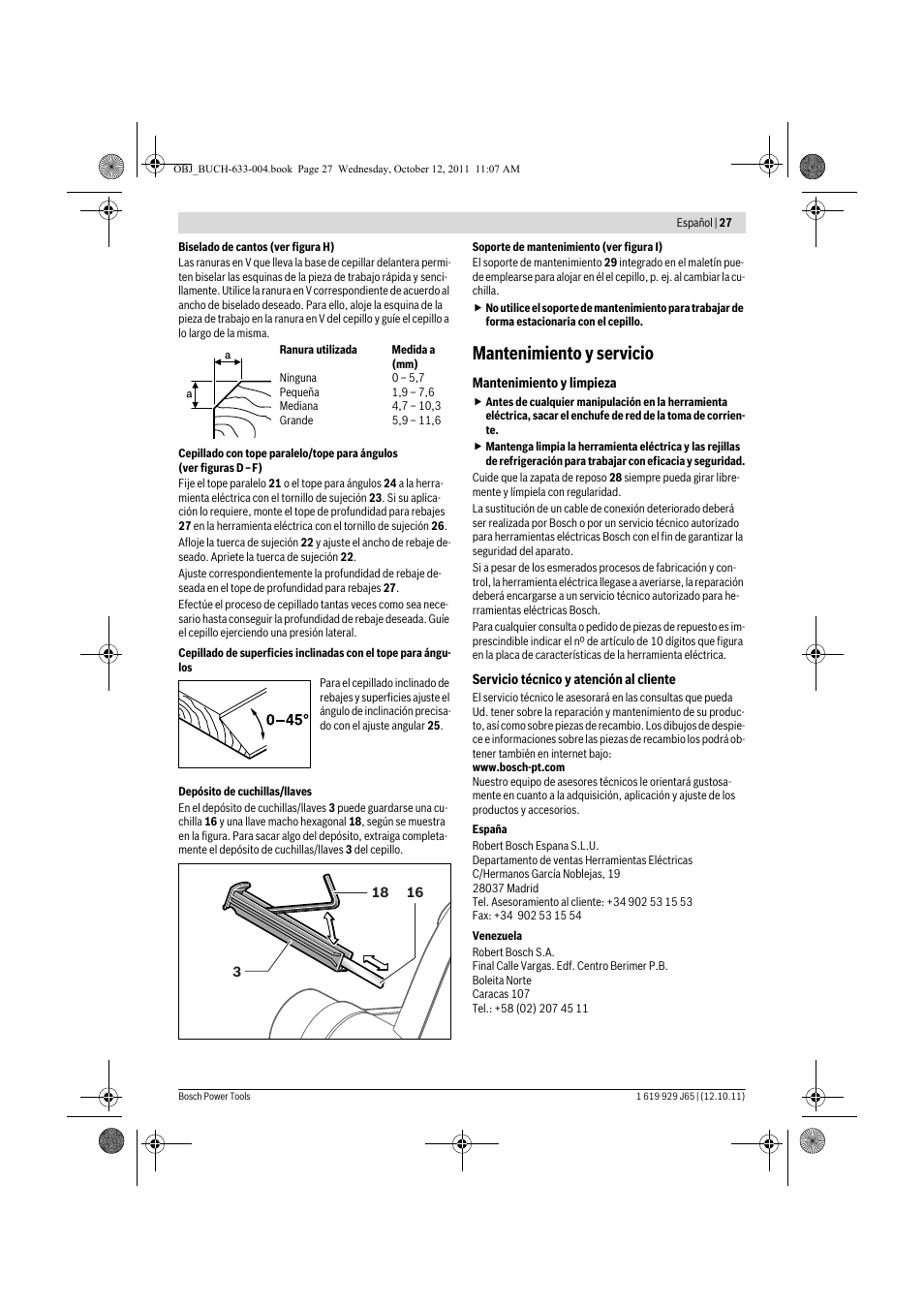 Mantenimiento y servicio | Bosch GHO 40-82 C Professional User Manual | Page 27 / 163