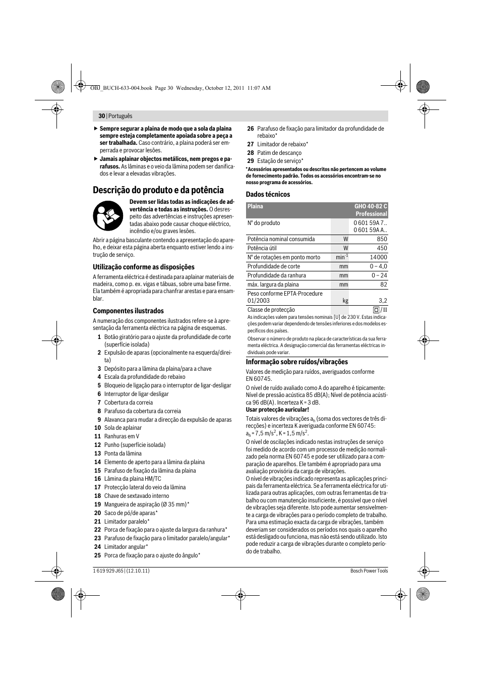 Descrição do produto e da potência | Bosch GHO 40-82 C Professional User Manual | Page 30 / 163