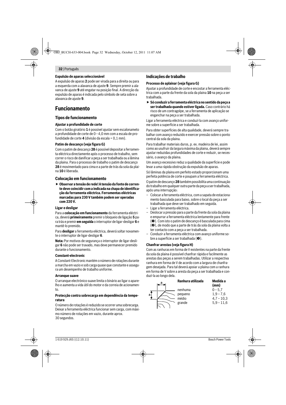 Funcionamento | Bosch GHO 40-82 C Professional User Manual | Page 32 / 163