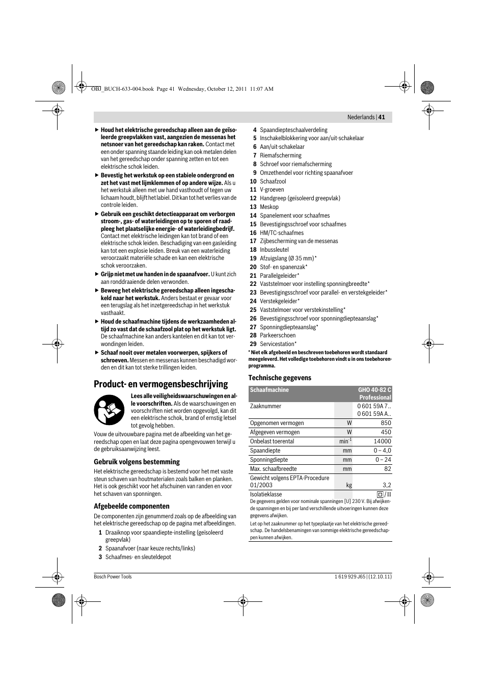Product- en vermogensbeschrijving | Bosch GHO 40-82 C Professional User Manual | Page 41 / 163