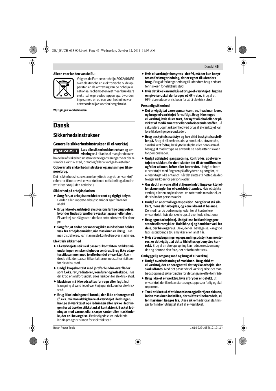 Dansk, Sikkerhedsinstrukser | Bosch GHO 40-82 C Professional User Manual | Page 45 / 163