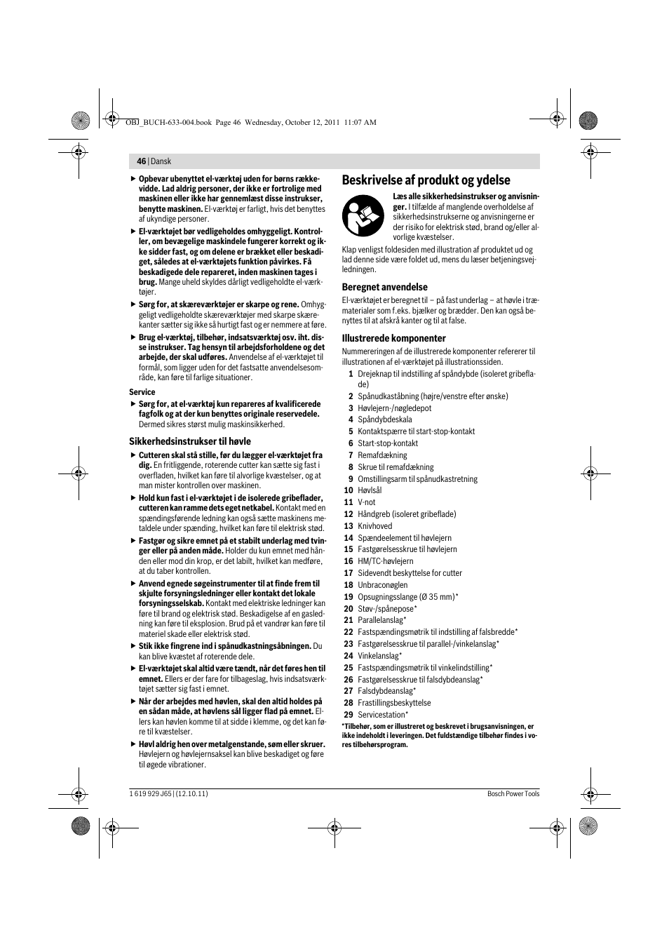 Beskrivelse af produkt og ydelse | Bosch GHO 40-82 C Professional User Manual | Page 46 / 163