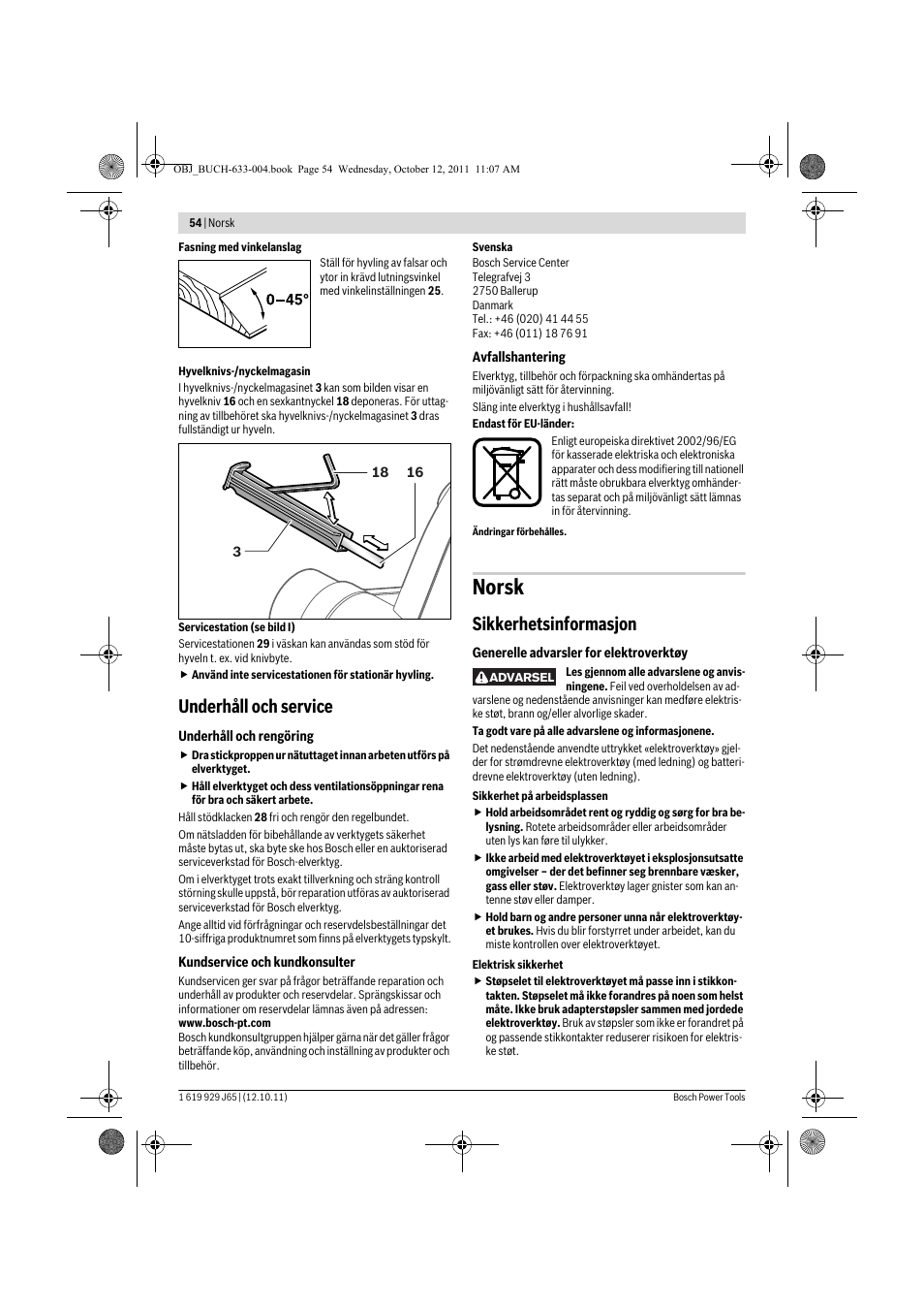 Norsk, Underhåll och service, Sikkerhetsinformasjon | Bosch GHO 40-82 C Professional User Manual | Page 54 / 163