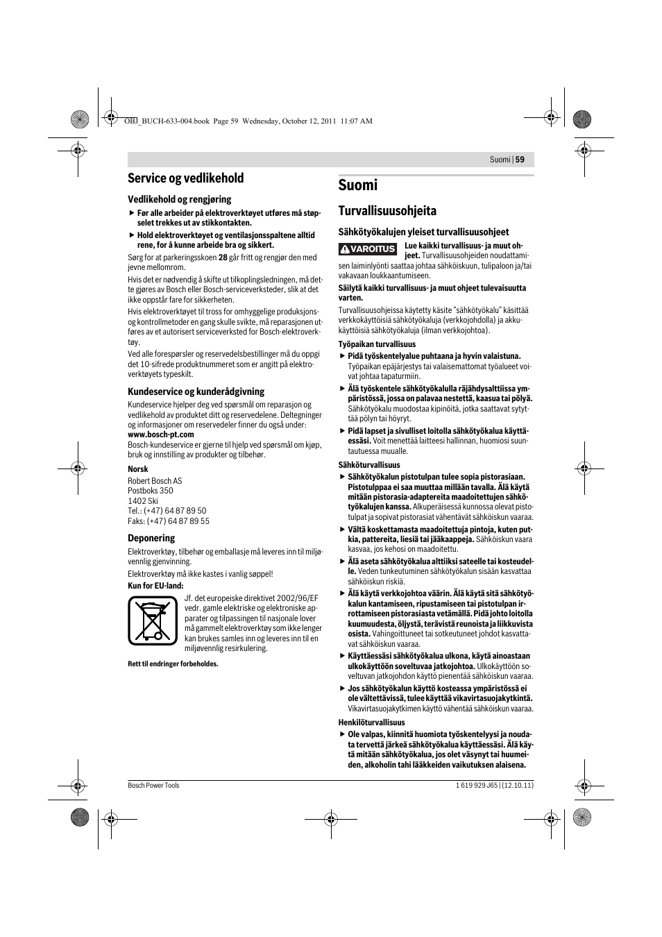 Suomi, Service og vedlikehold, Turvallisuusohjeita | Bosch GHO 40-82 C Professional User Manual | Page 59 / 163