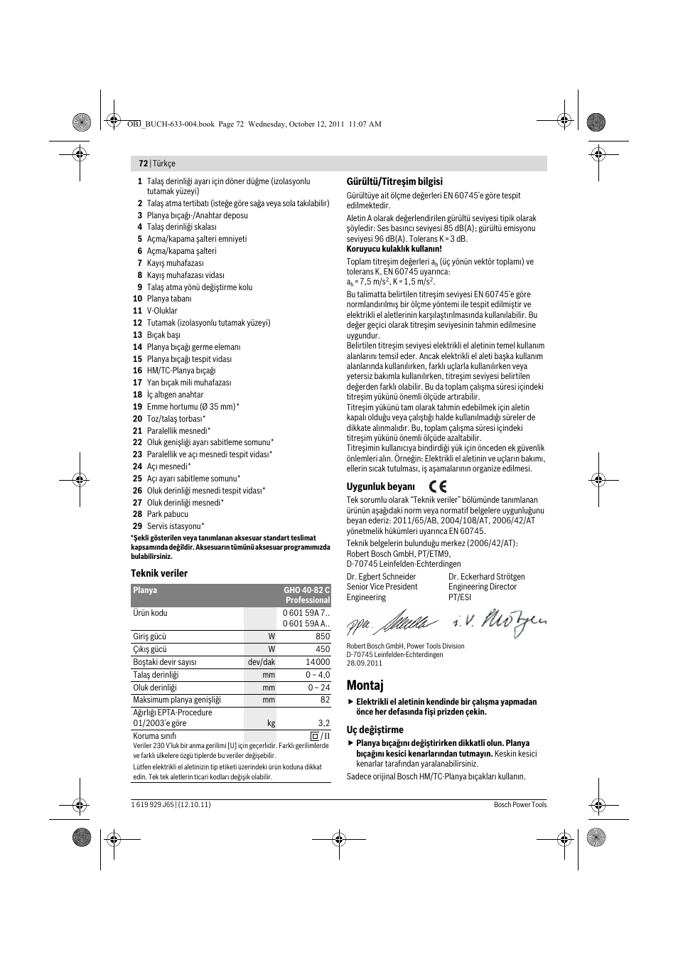 Montaj | Bosch GHO 40-82 C Professional User Manual | Page 72 / 163