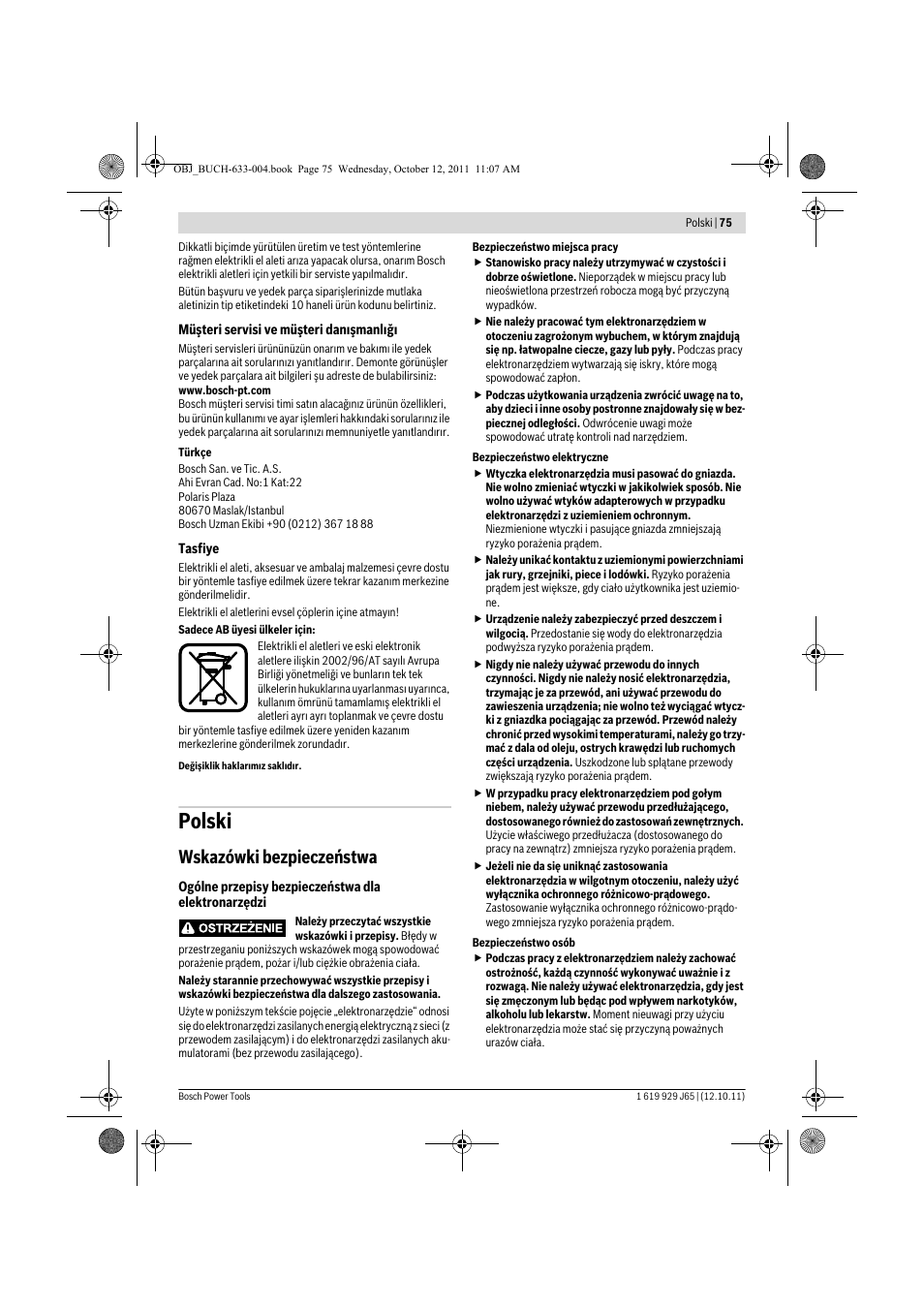 Polski, Wskazówki bezpieczeństwa | Bosch GHO 40-82 C Professional User Manual | Page 75 / 163