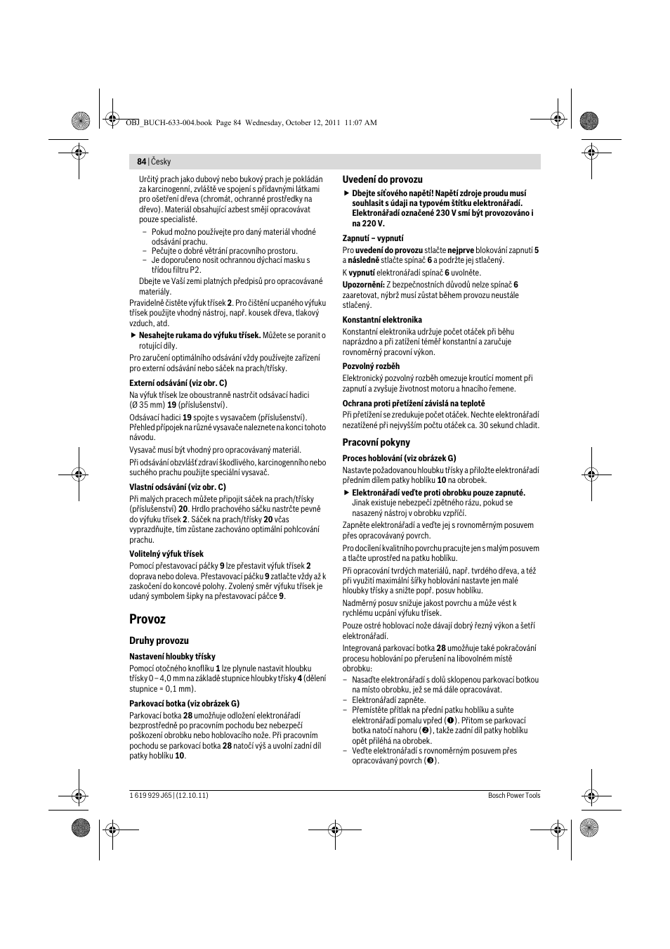 Provoz | Bosch GHO 40-82 C Professional User Manual | Page 84 / 163