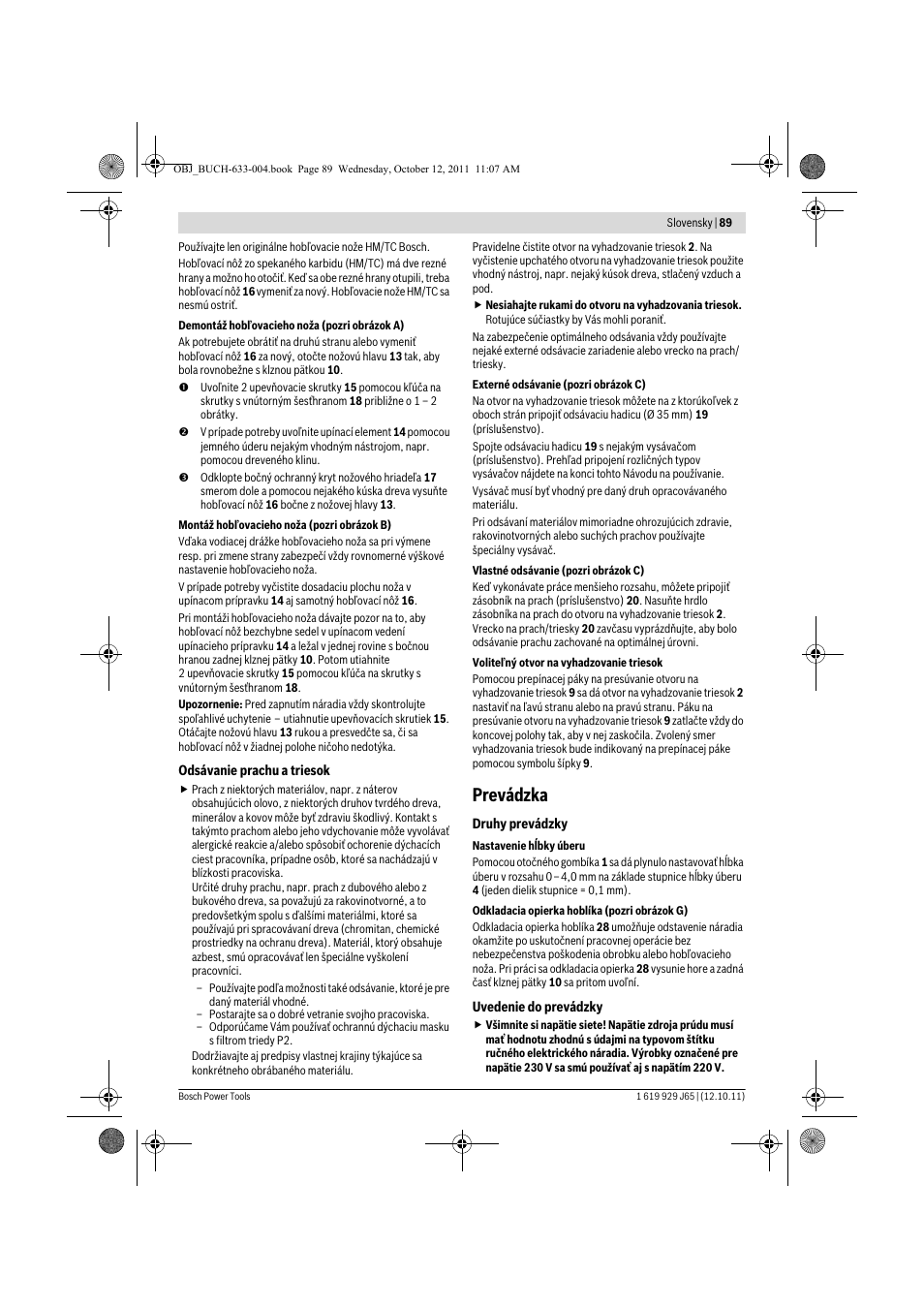 Prevádzka | Bosch GHO 40-82 C Professional User Manual | Page 89 / 163