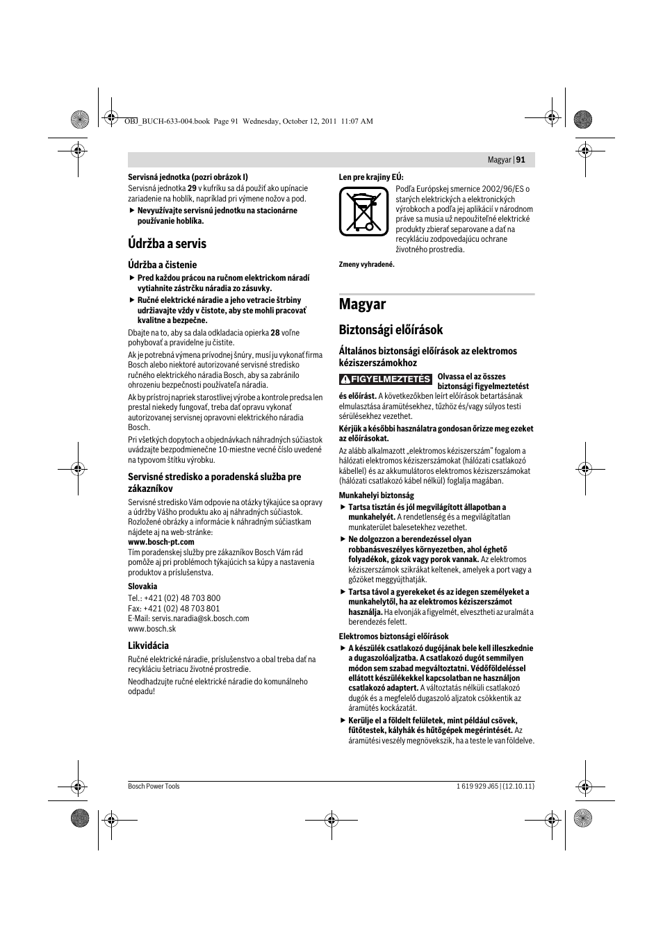 Magyar, Údržba a servis, Biztonsági előírások | Bosch GHO 40-82 C Professional User Manual | Page 91 / 163