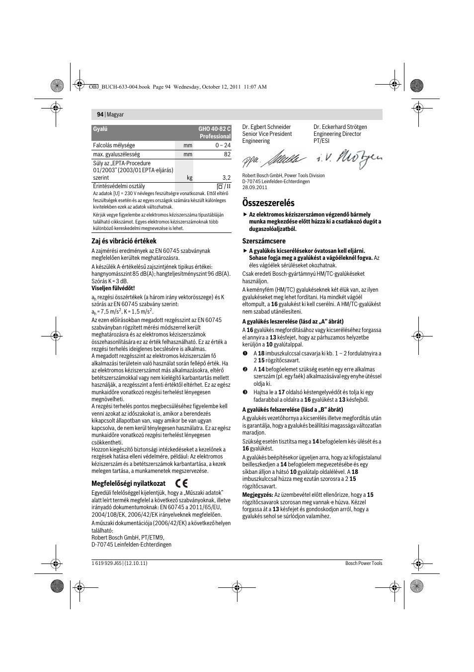 Összeszerelés | Bosch GHO 40-82 C Professional User Manual | Page 94 / 163