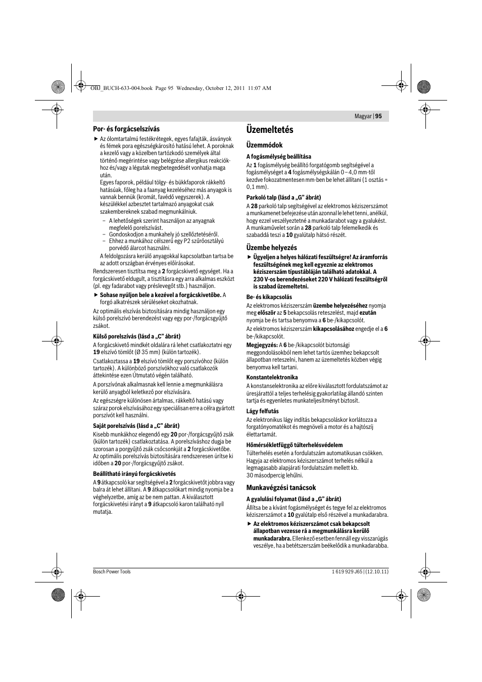 Üzemeltetés | Bosch GHO 40-82 C Professional User Manual | Page 95 / 163