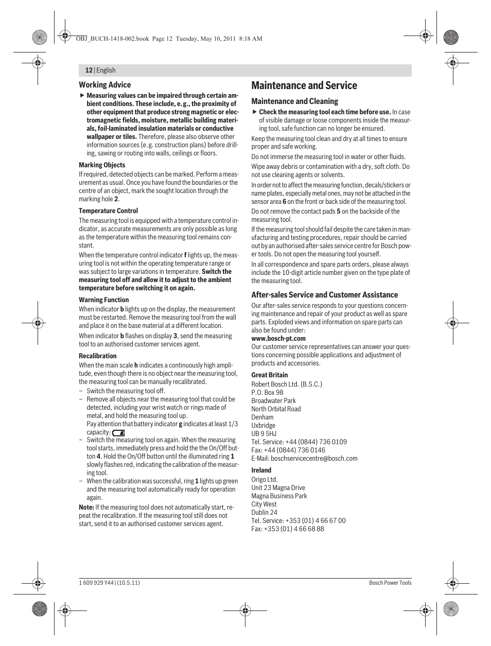 Maintenance and service | Bosch GMS 100 M Professional User Manual | Page 12 / 130