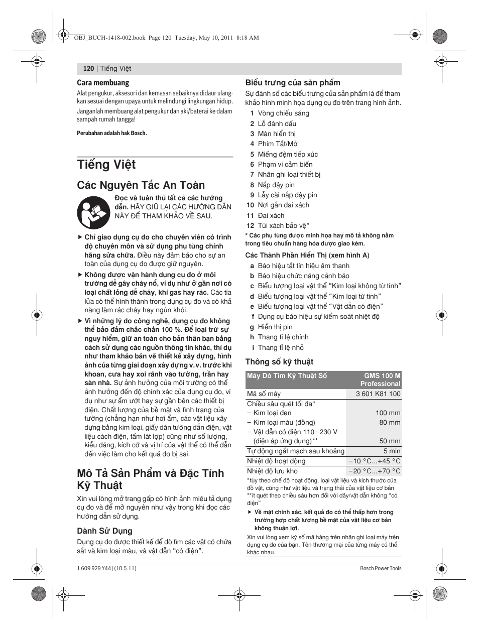 Tiøng vi·t, C¯c nguy›n täc an toμn, Mä tω sωn ph¤m vμ [◊c tflnh kþ thuÿt | Bosch GMS 100 M Professional User Manual | Page 120 / 130