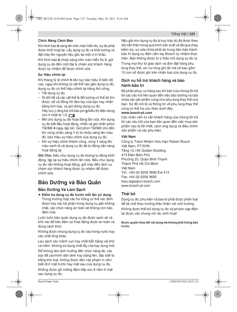 Bωo dõîng vμ bωo quωn | Bosch GMS 100 M Professional User Manual | Page 123 / 130