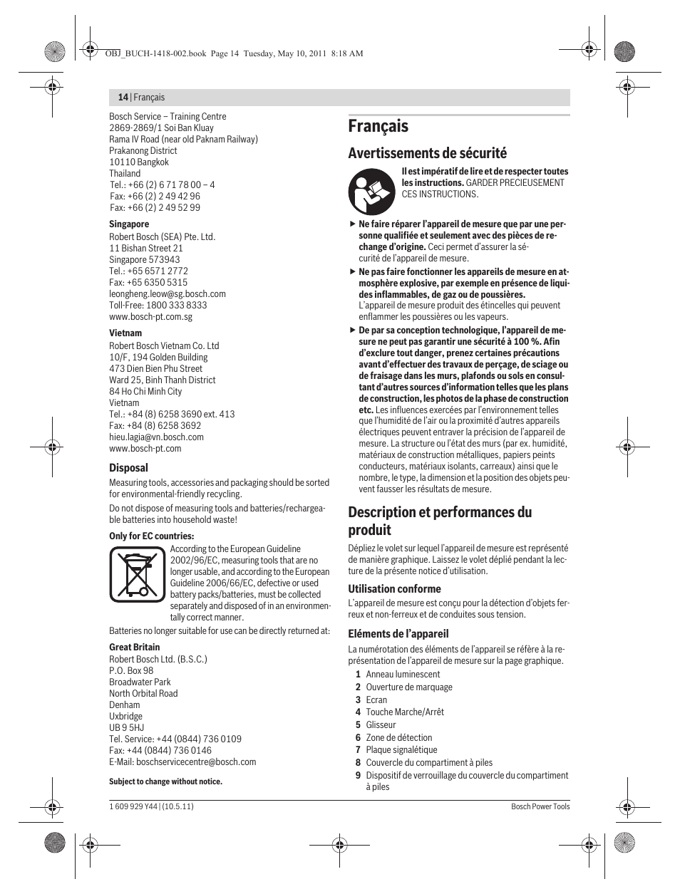 Français, Avertissements de sécurité, Description et performances du produit | Bosch GMS 100 M Professional User Manual | Page 14 / 130