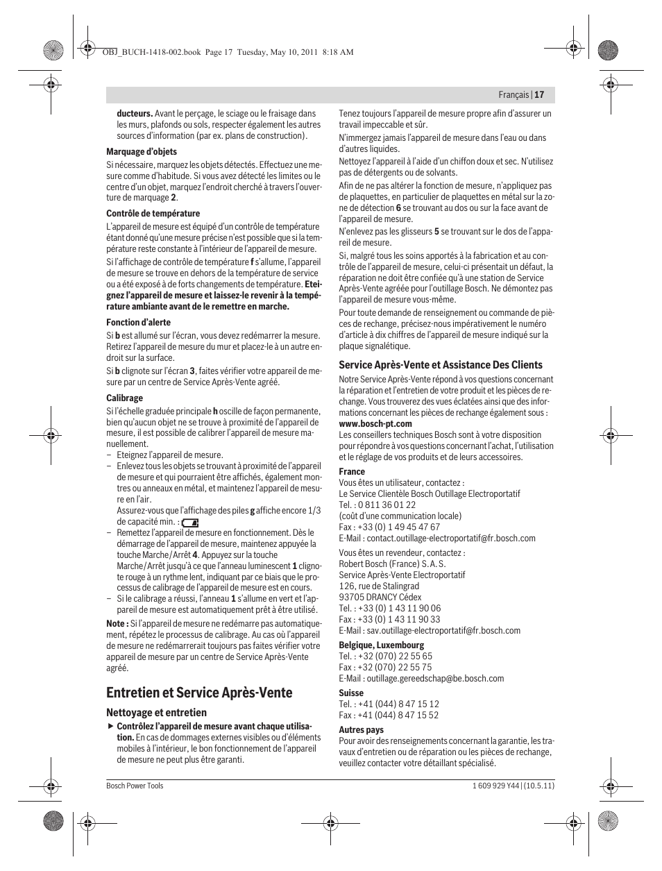 Entretien et service après-vente | Bosch GMS 100 M Professional User Manual | Page 17 / 130