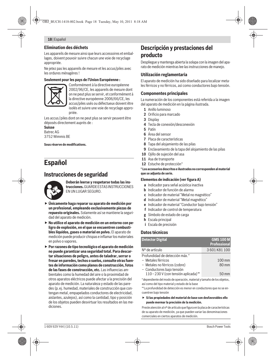 Español, Instrucciones de seguridad, Descripción y prestaciones del producto | Bosch GMS 100 M Professional User Manual | Page 18 / 130