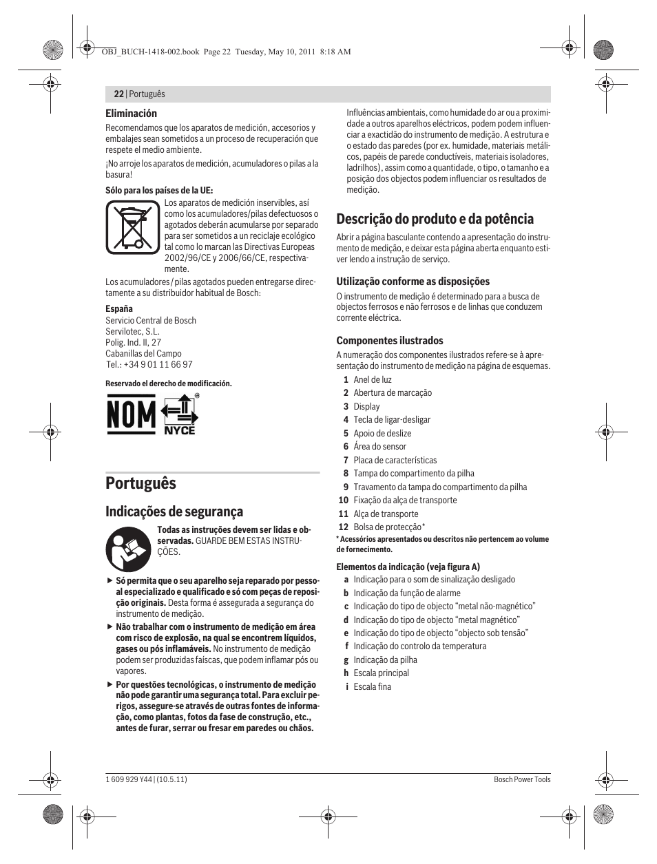 Português, Indicações de segurança, Descrição do produto e da potência | Bosch GMS 100 M Professional User Manual | Page 22 / 130