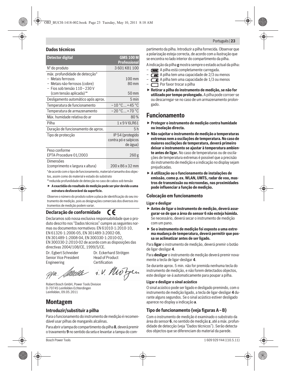 Montagem, Funcionamento | Bosch GMS 100 M Professional User Manual | Page 23 / 130