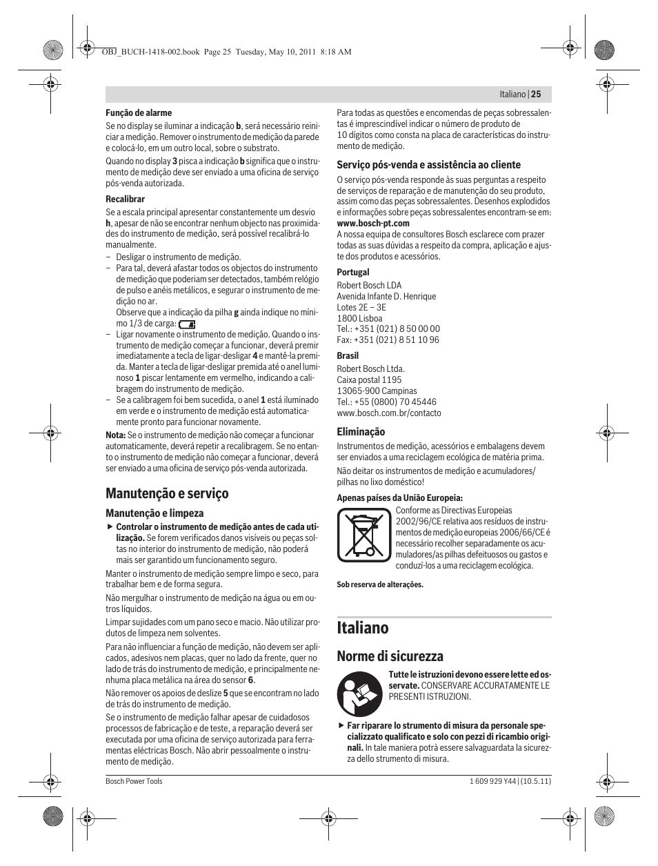 Italiano, Manutenção e serviço, Norme di sicurezza | Bosch GMS 100 M Professional User Manual | Page 25 / 130