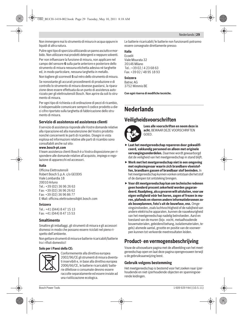 Nederlands, Veiligheidsvoorschriften, Product- en vermogensbeschrijving | Bosch GMS 100 M Professional User Manual | Page 29 / 130