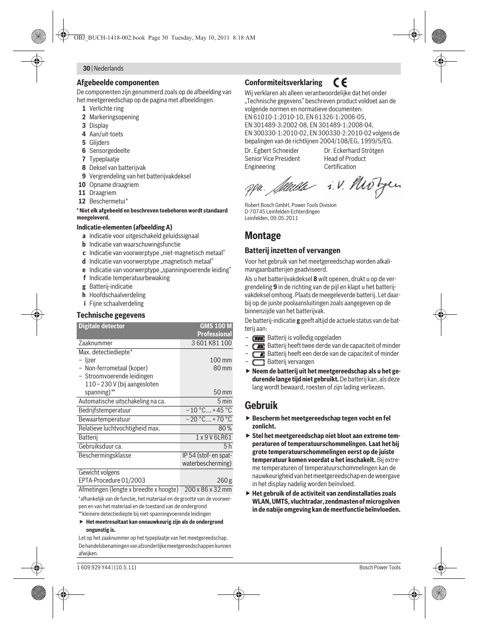 Montage, Gebruik | Bosch GMS 100 M Professional User Manual | Page 30 / 130