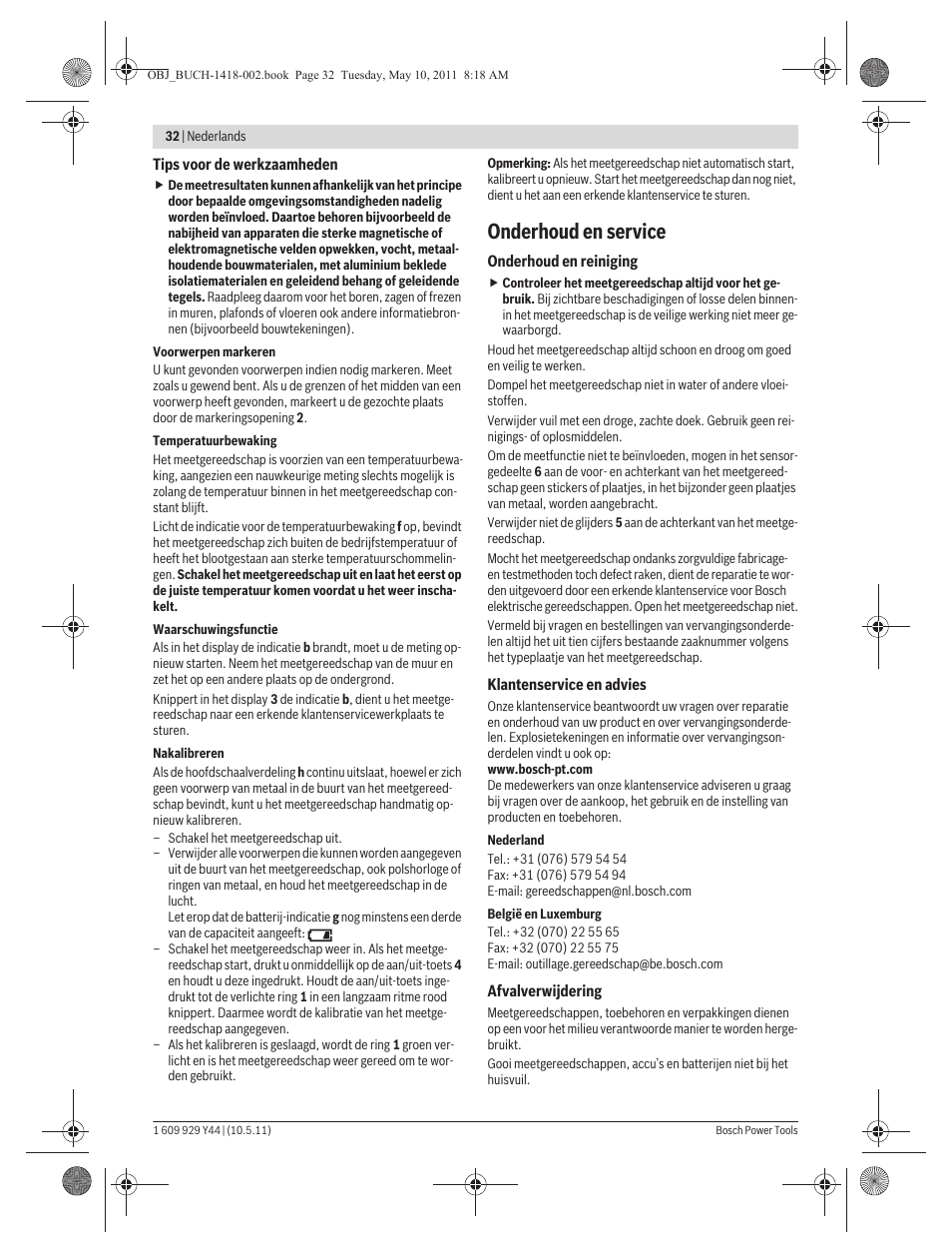Onderhoud en service | Bosch GMS 100 M Professional User Manual | Page 32 / 130