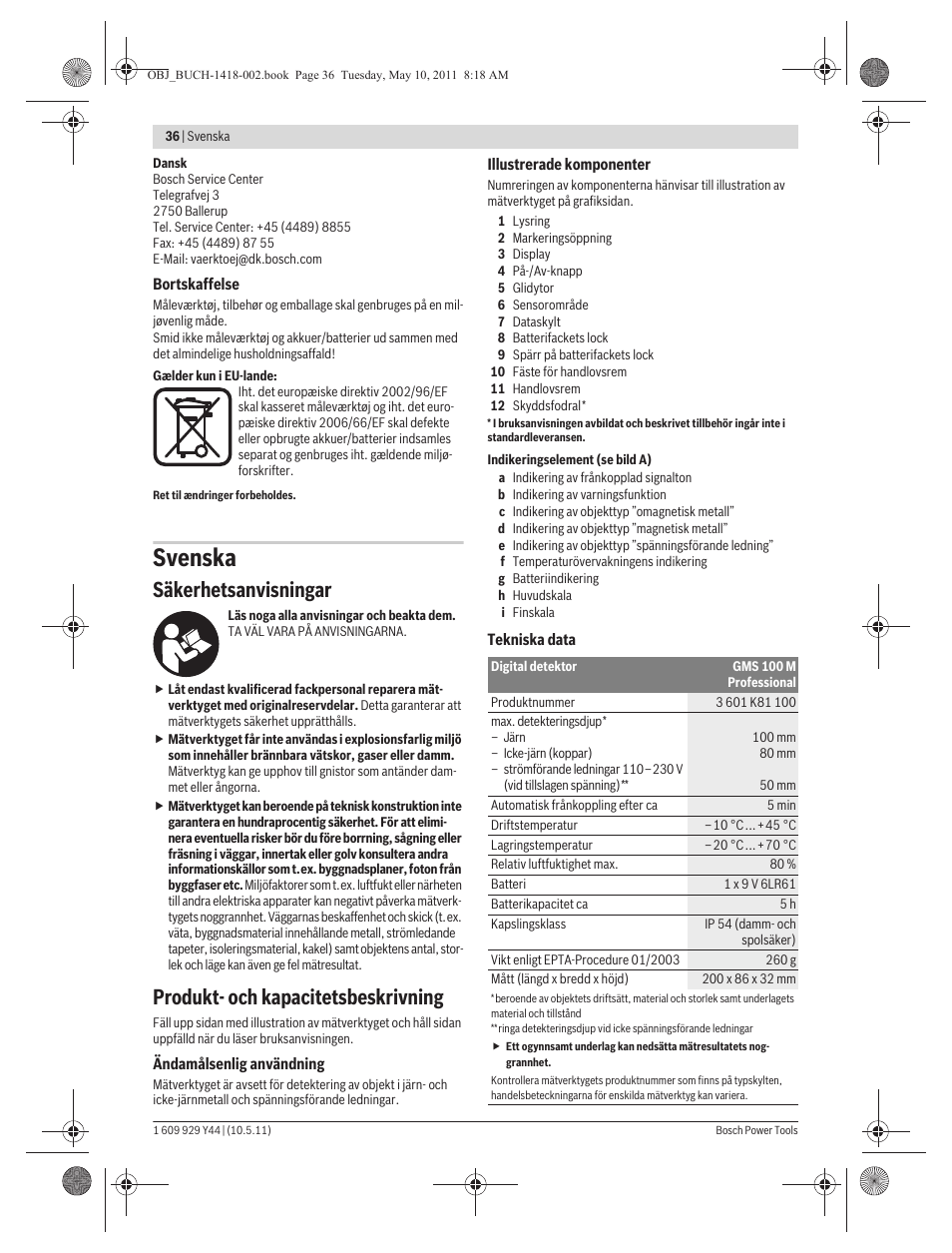 Svenska, Säkerhetsanvisningar, Produkt- och kapacitetsbeskrivning | Bosch GMS 100 M Professional User Manual | Page 36 / 130