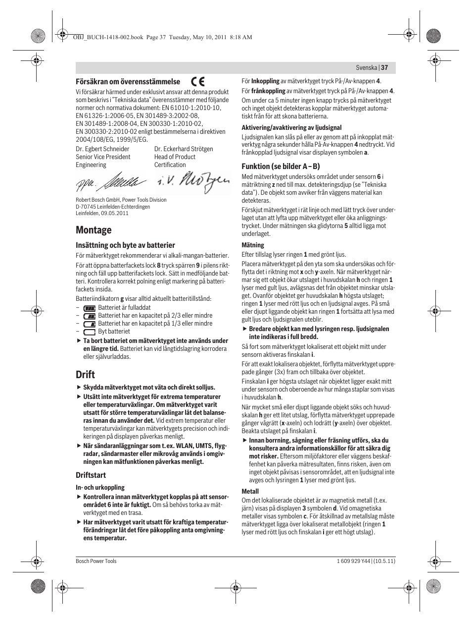 Montage, Drift | Bosch GMS 100 M Professional User Manual | Page 37 / 130
