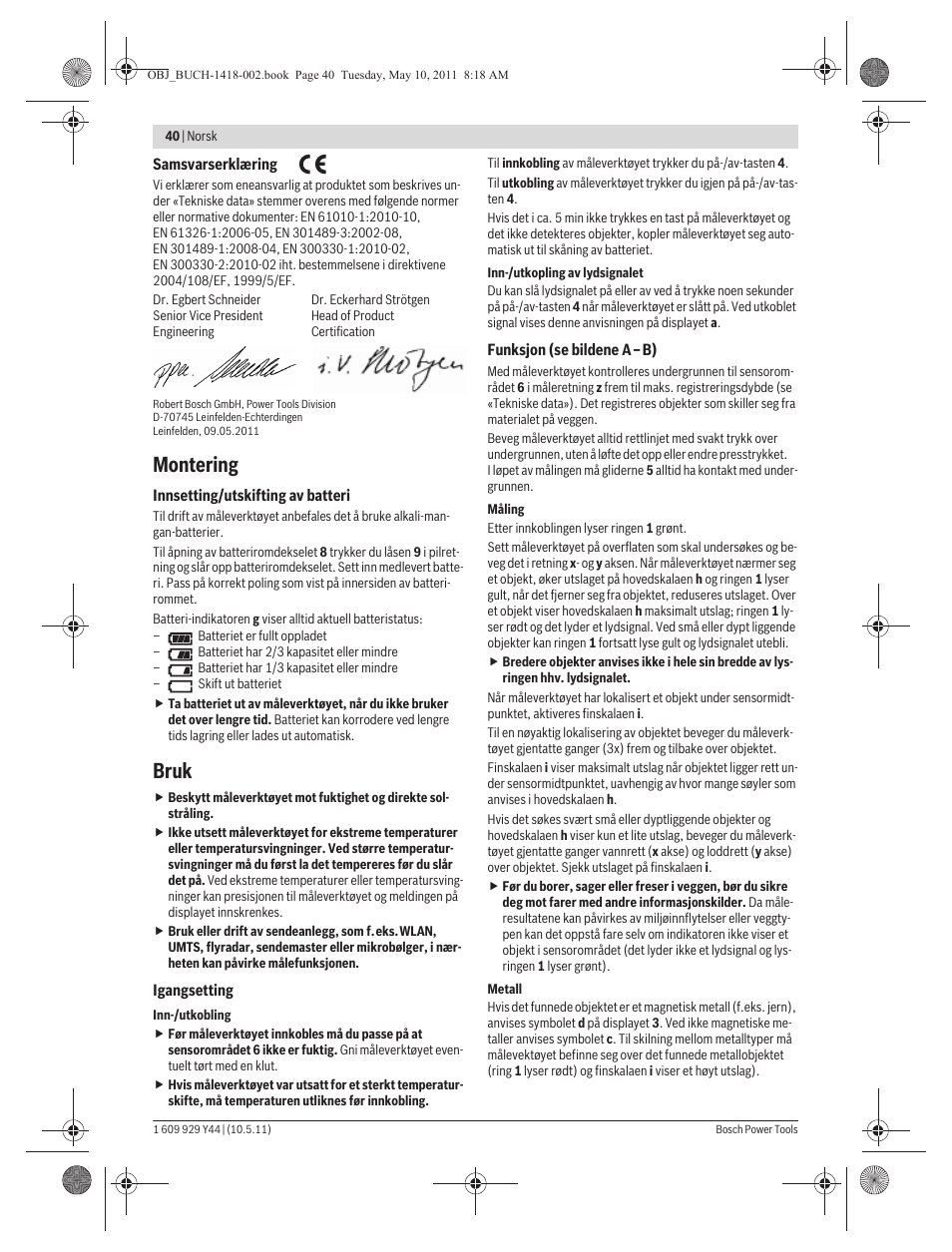 Montering, Bruk | Bosch GMS 100 M Professional User Manual | Page 40 / 130