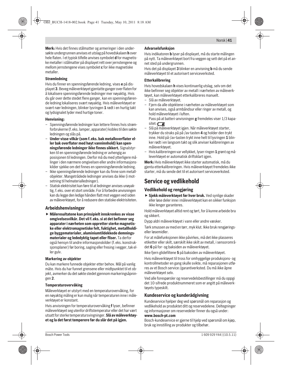 Service og vedlikehold | Bosch GMS 100 M Professional User Manual | Page 41 / 130