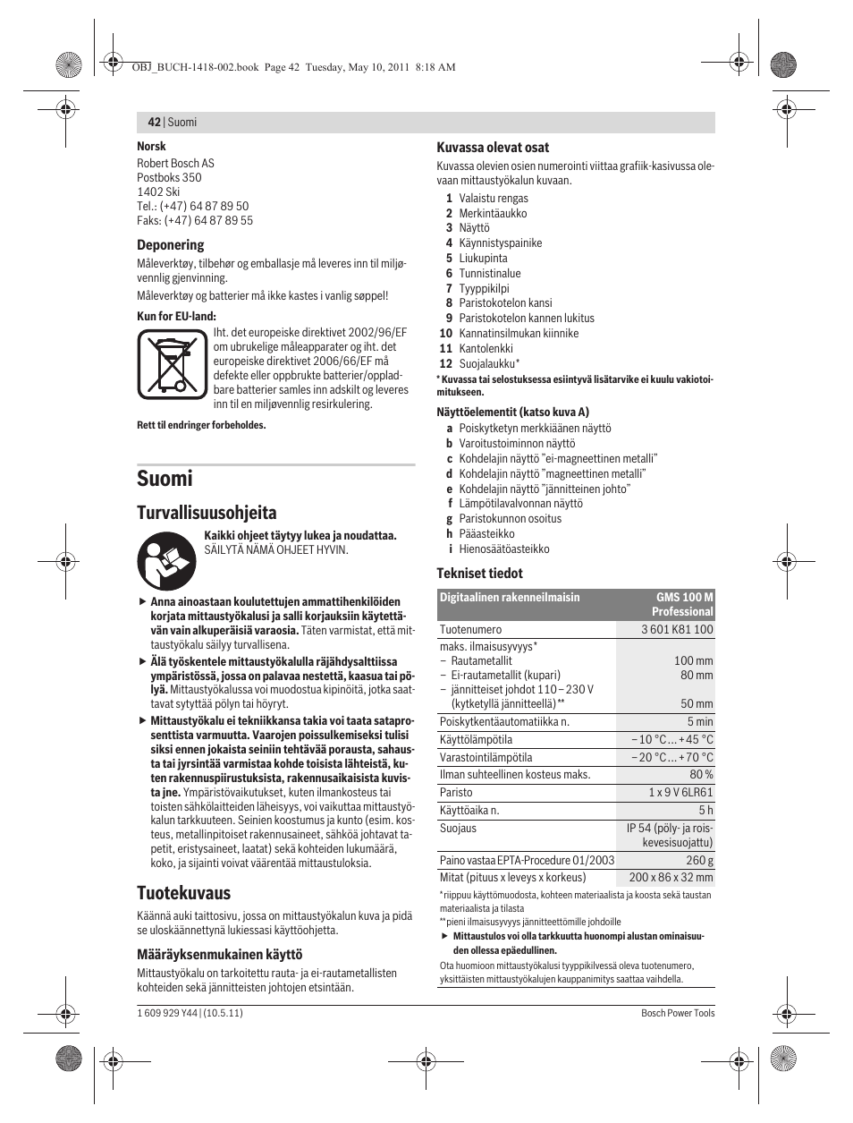 Suomi, Turvallisuusohjeita, Tuotekuvaus | Bosch GMS 100 M Professional User Manual | Page 42 / 130