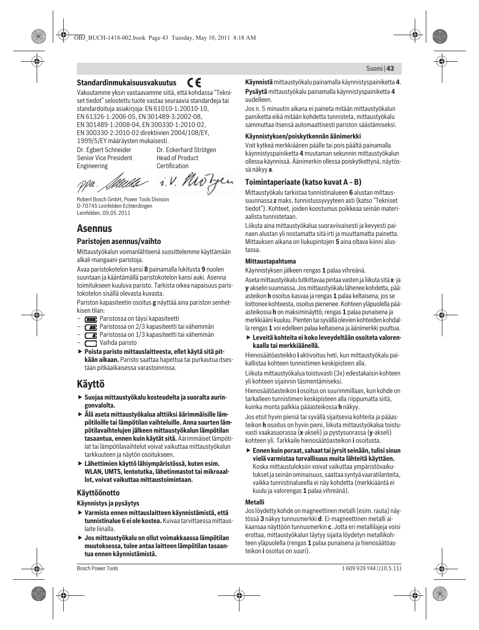 Asennus, Käyttö | Bosch GMS 100 M Professional User Manual | Page 43 / 130