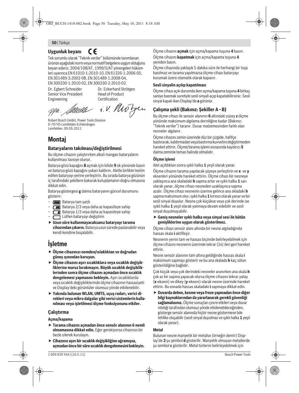 Montaj, Işletme | Bosch GMS 100 M Professional User Manual | Page 50 / 130